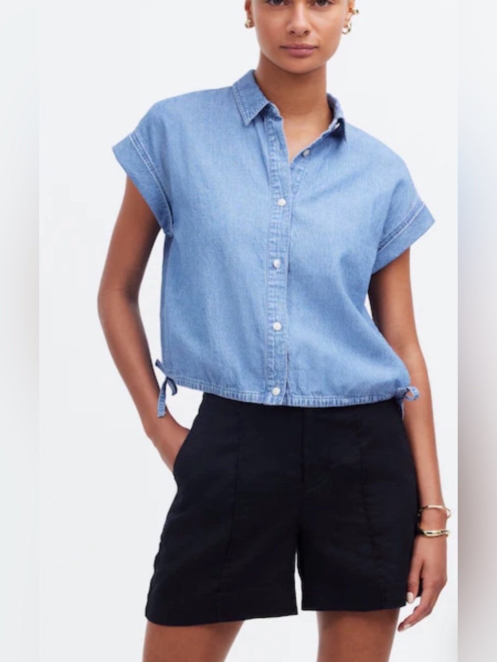 Madewell - Lightwash Button Down Cotton Side Tie Short Sleeve Blouse Size Small